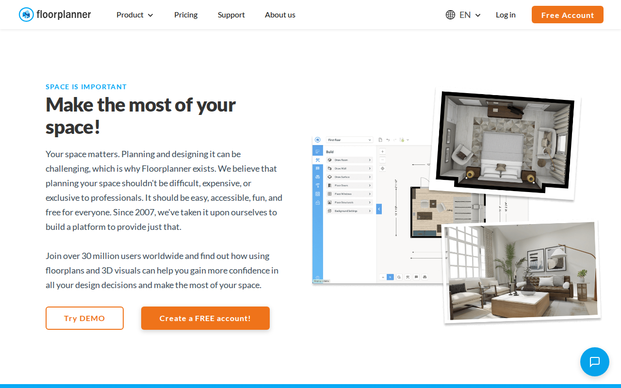 Скриншот главной страницы Floorplanner — онлайн-планировщика помещений