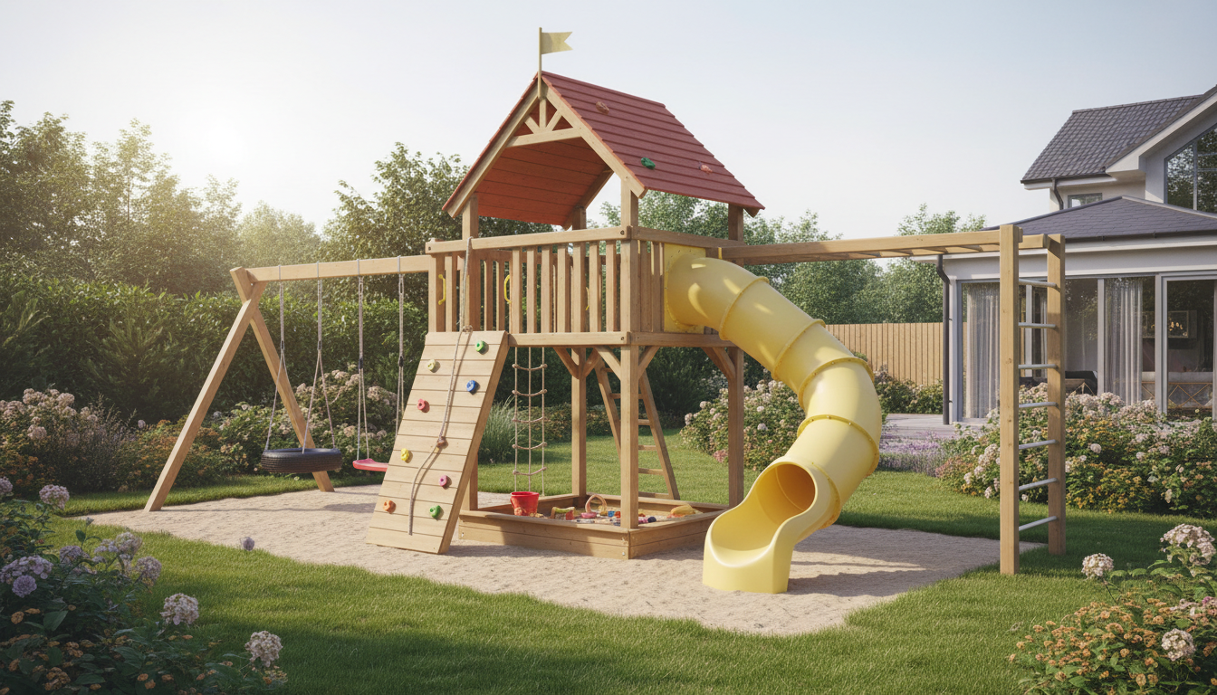 Деревянный игровой комплекс для дачи с горкой, скалодромом, качелями и песочницей