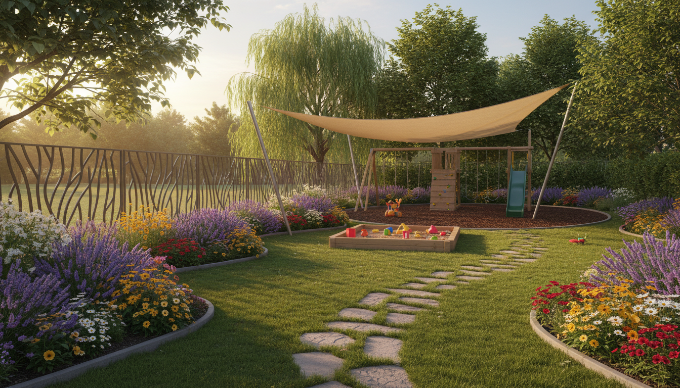 Детская площадка, гармонично интегрированная в ландшафтный дизайн сада