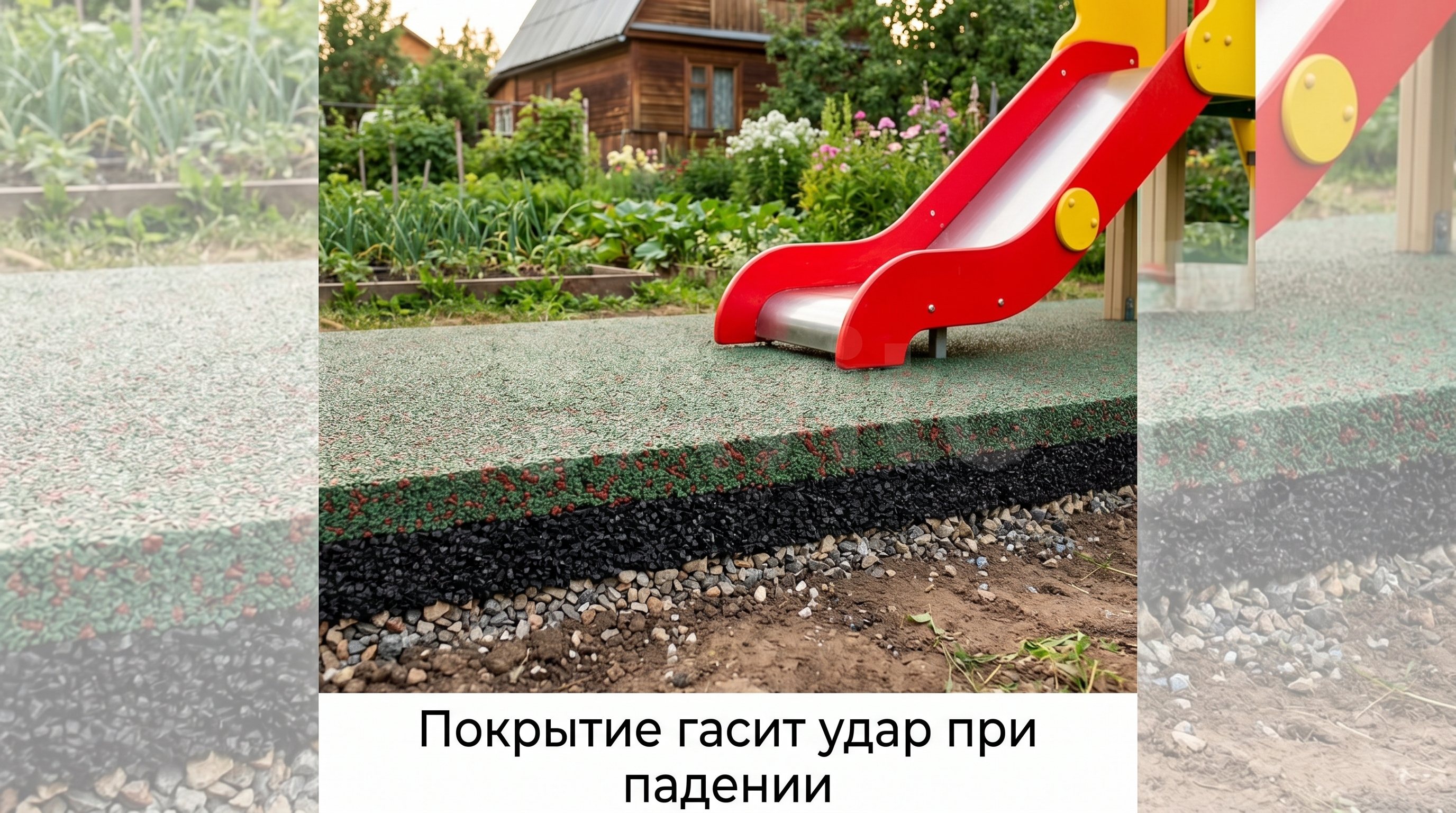 Слой резиновой крошки под горкой смягчает падение ребёнка