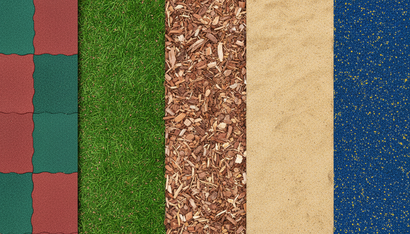 Виды покрытий для детской площадки: резиновая плитка, искусственная трава, древесная щепа, песок, бесшовная резиновая крошка