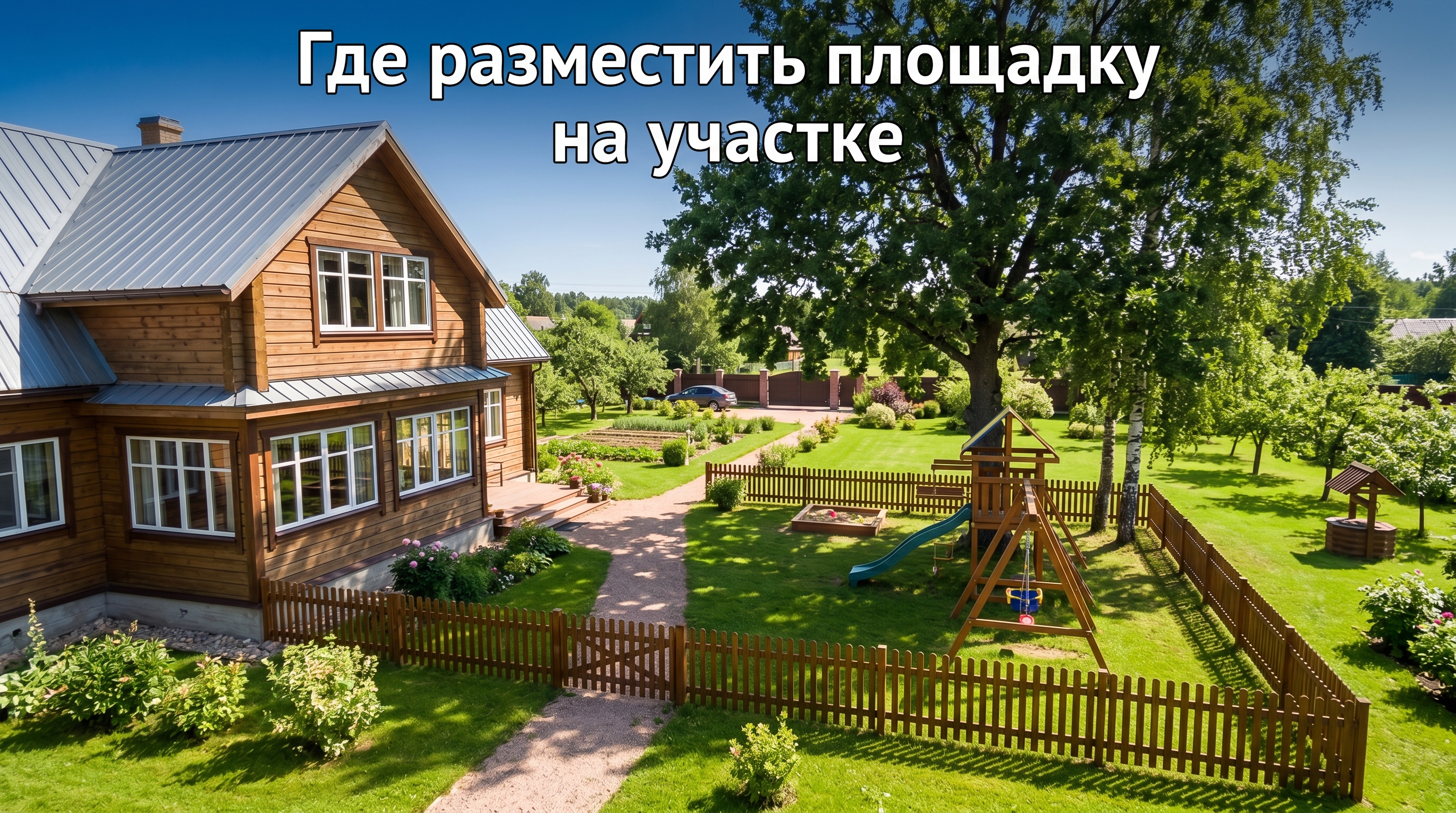 Детская площадка на участке размещена в полутени, хорошо видна из окон дома