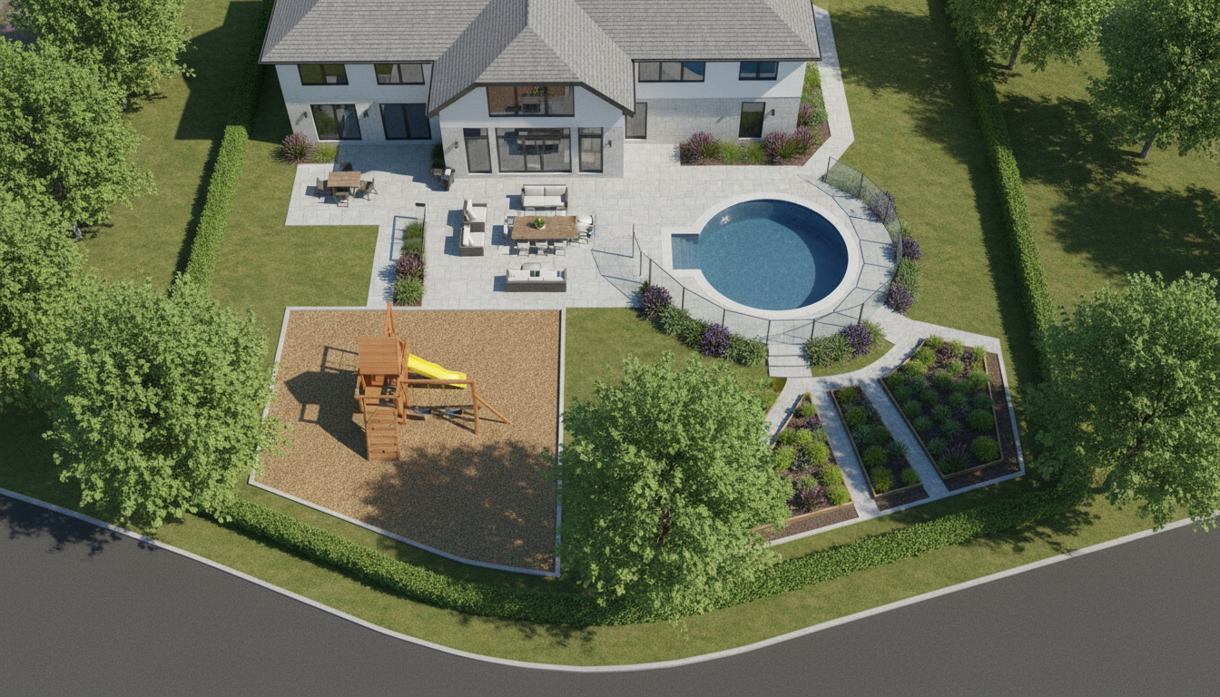 Вид сверху на участок с оптимальным расположением детской площадки