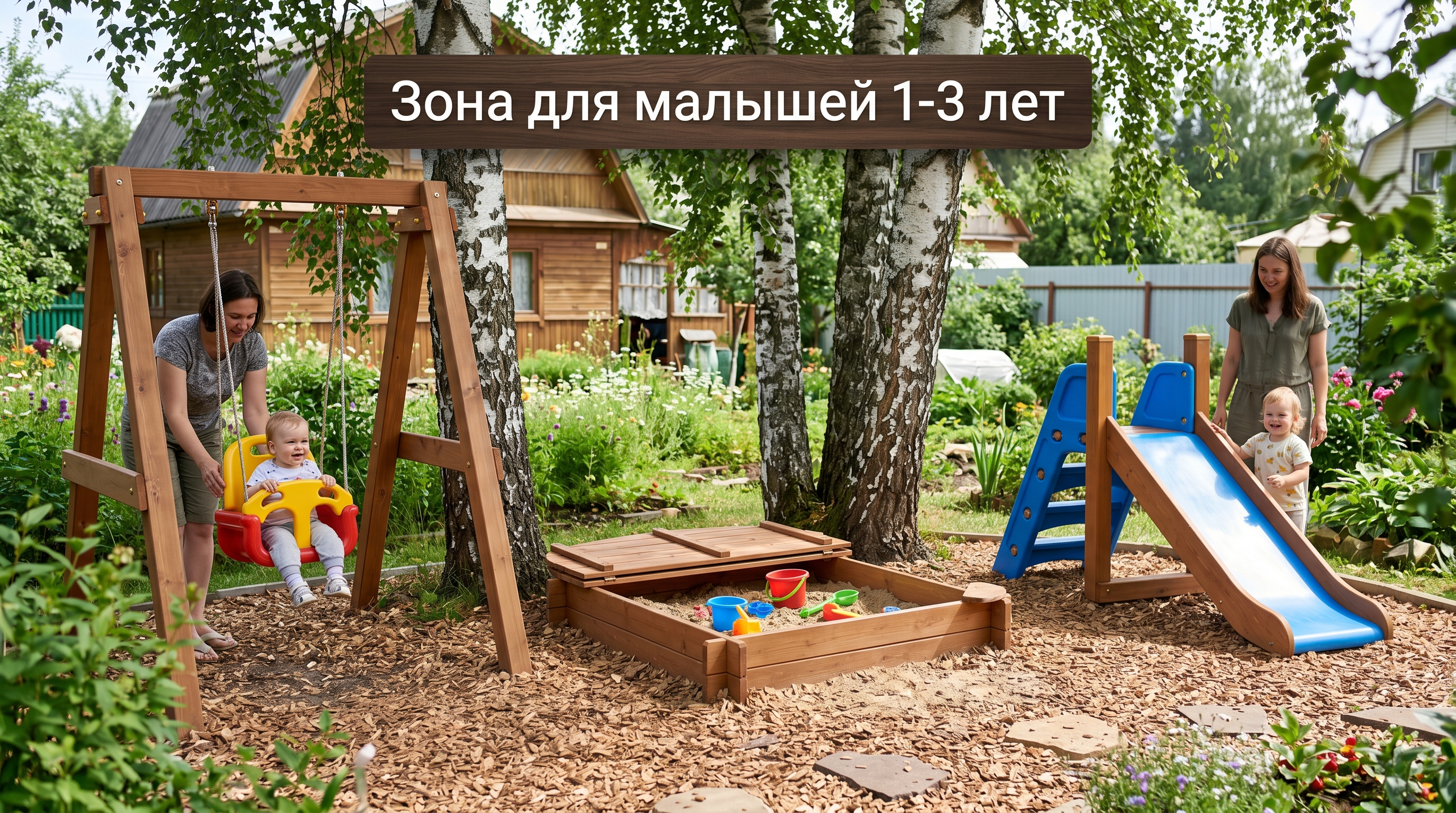 Зона для малышей 1-3 лет: низкая горка, песочница с крышкой, качели со спинкой
