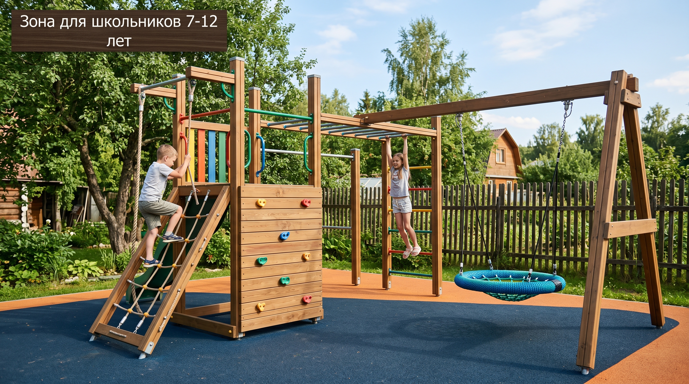 Зона для школьников 7-12 лет: скалодром, рукоход, верёвочная лестница, качели-гнездо