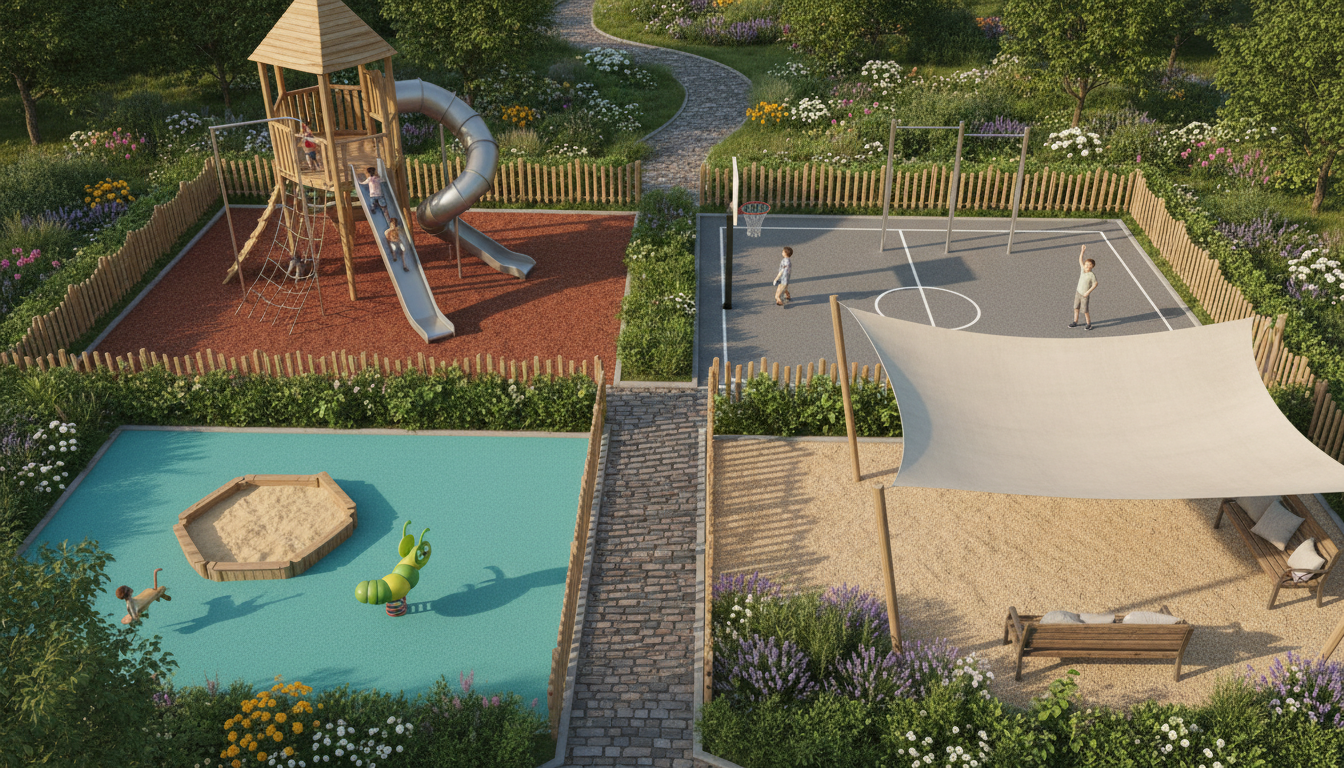 Площадка, разделенная на зоны по возрасту: малыши, старшие дети, спортивная зона, зона отдыха