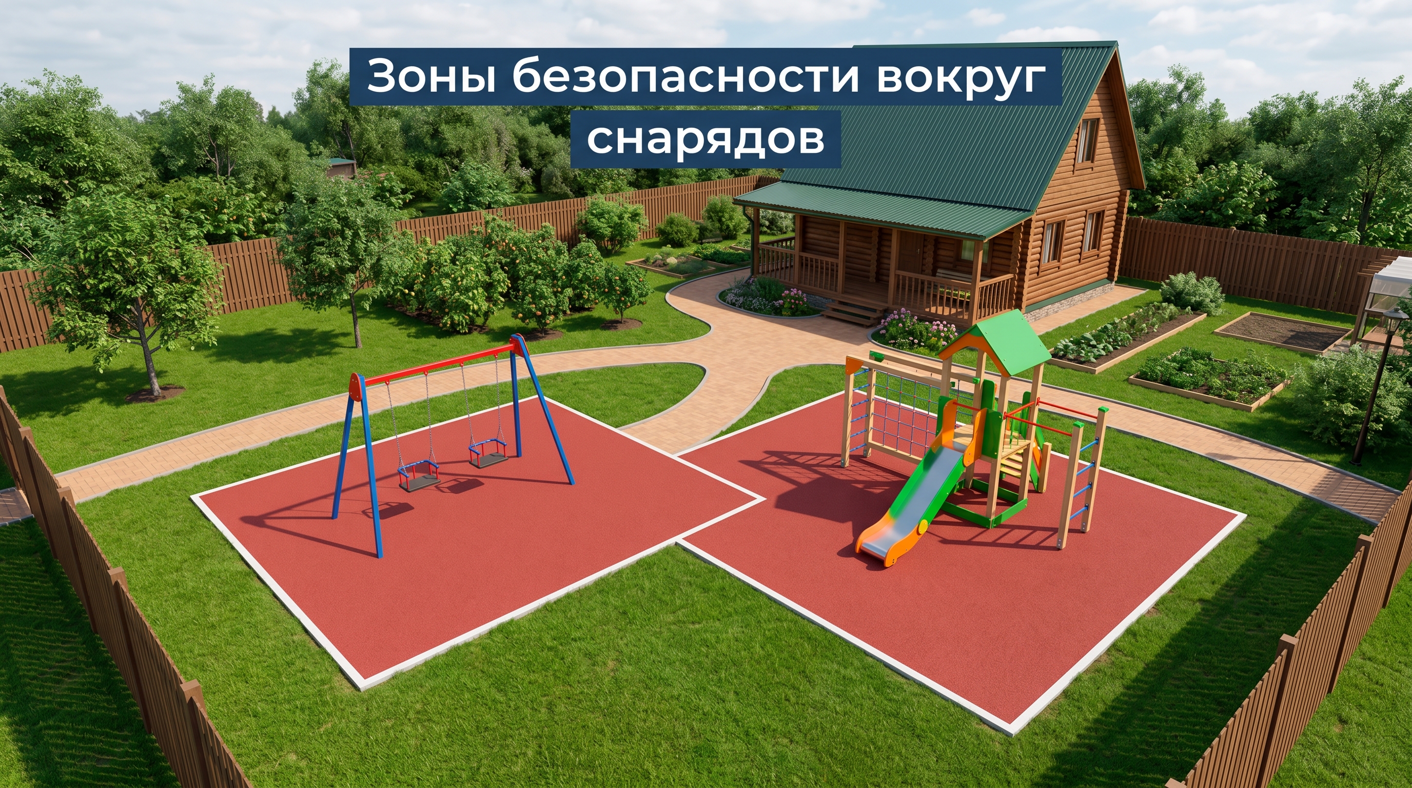 Схема зон безопасности вокруг качелей и горки на участке, вид сверху
