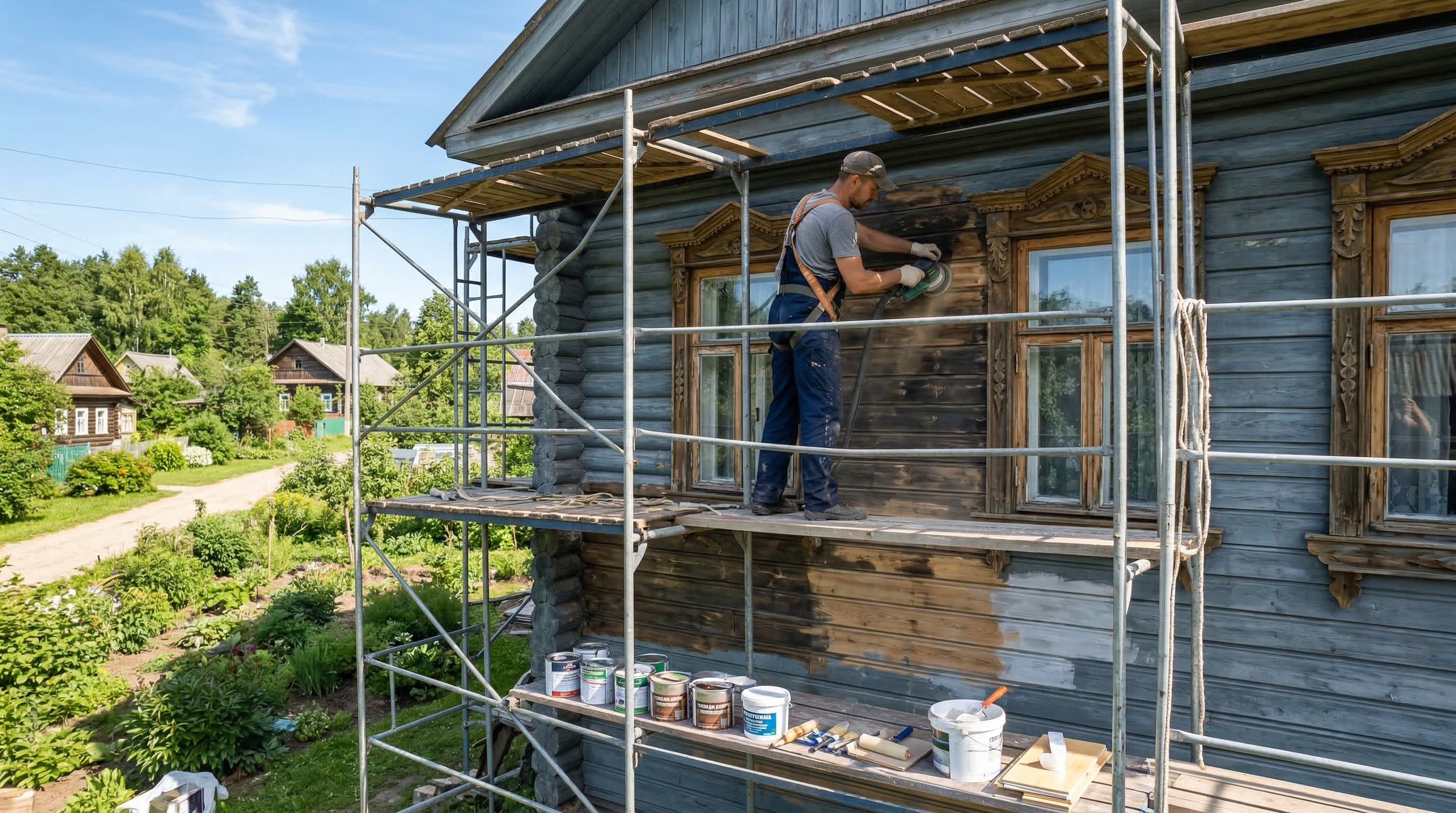 Подготовка фасада к покраске — леса, очистка и грунтовка