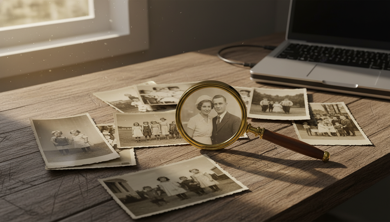 Старые фотографии на столе с лупой и ноутбуком — подготовка к сканированию и оживлению