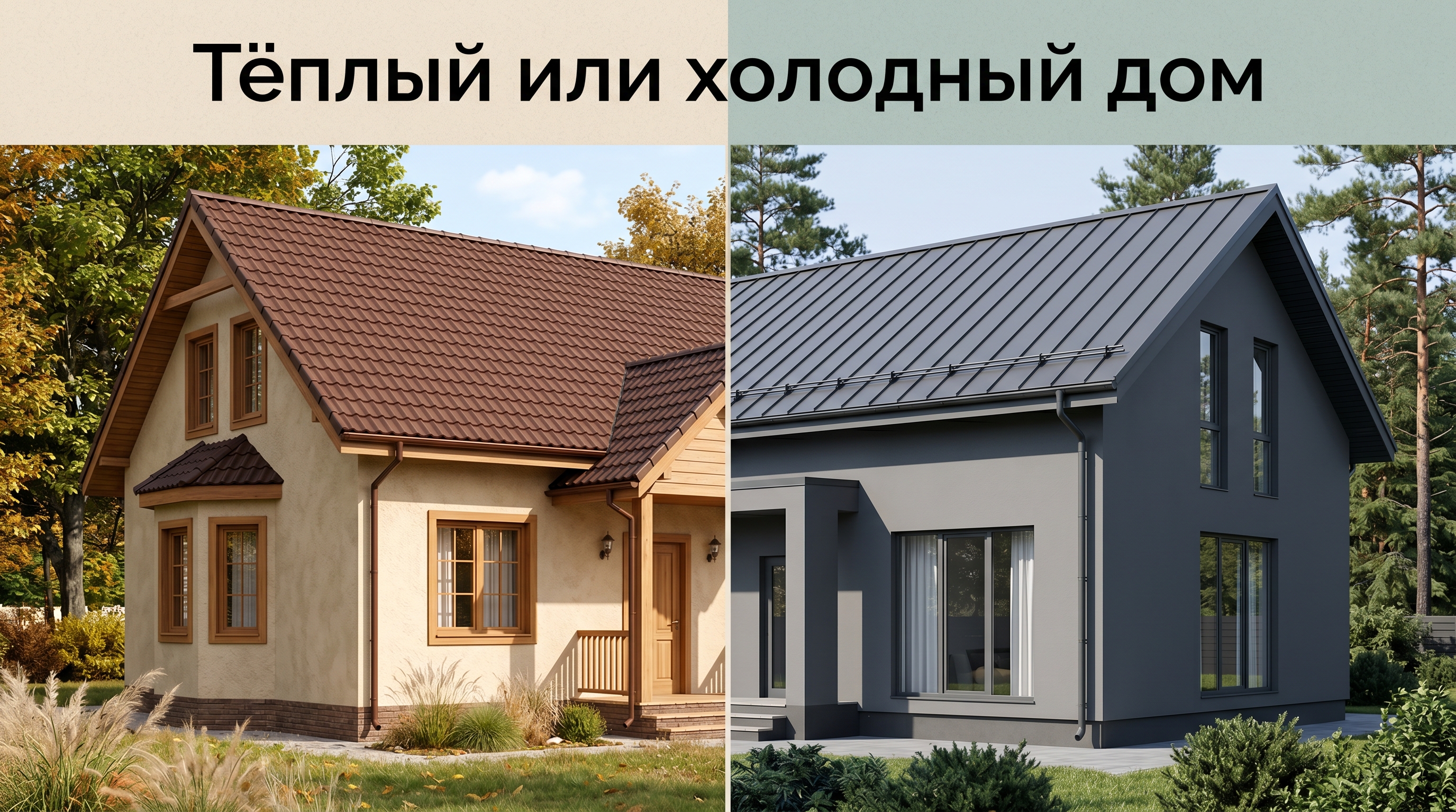 Тёплый дом с коричневой крышей и холодный дом с графитовой крышей