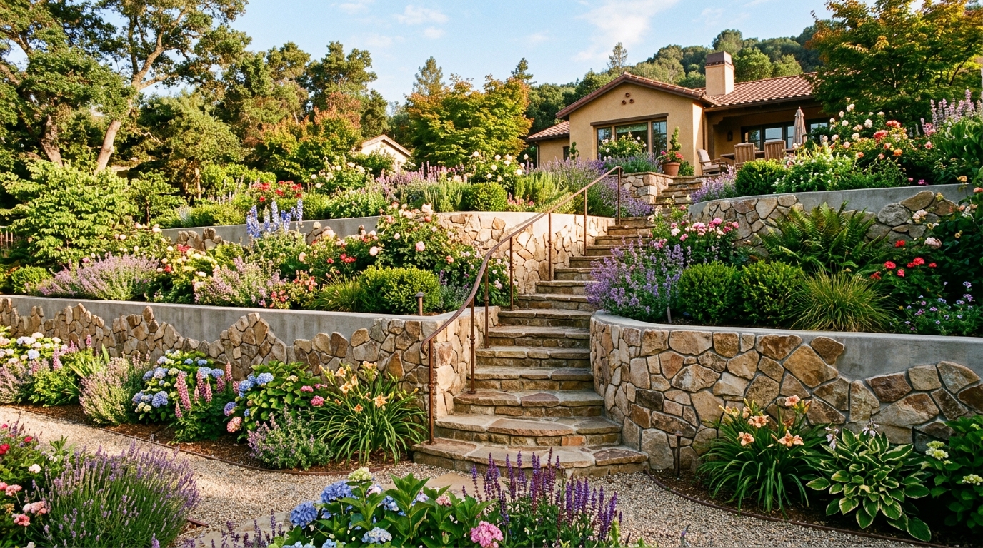 Бетонная подпорная стенка с декоративной облицовкой камнем на участке