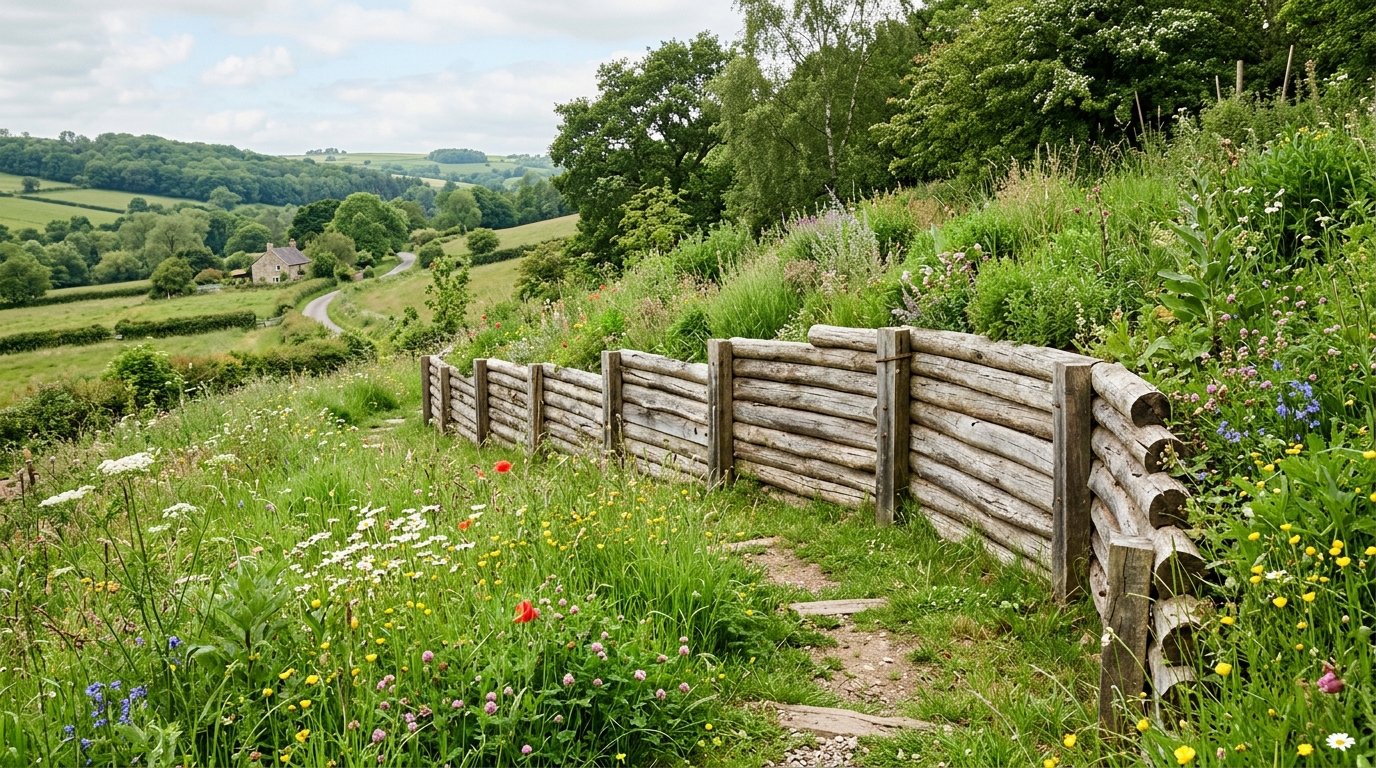 Деревянная подпорная стенка из горизонтальных брёвен на садовом склоне