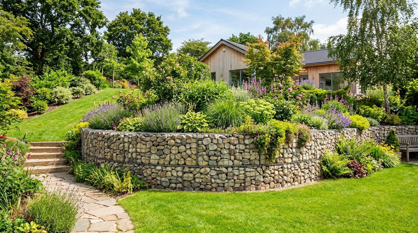 Габионная подпорная стенка в саду на склоне с зелёным газоном
