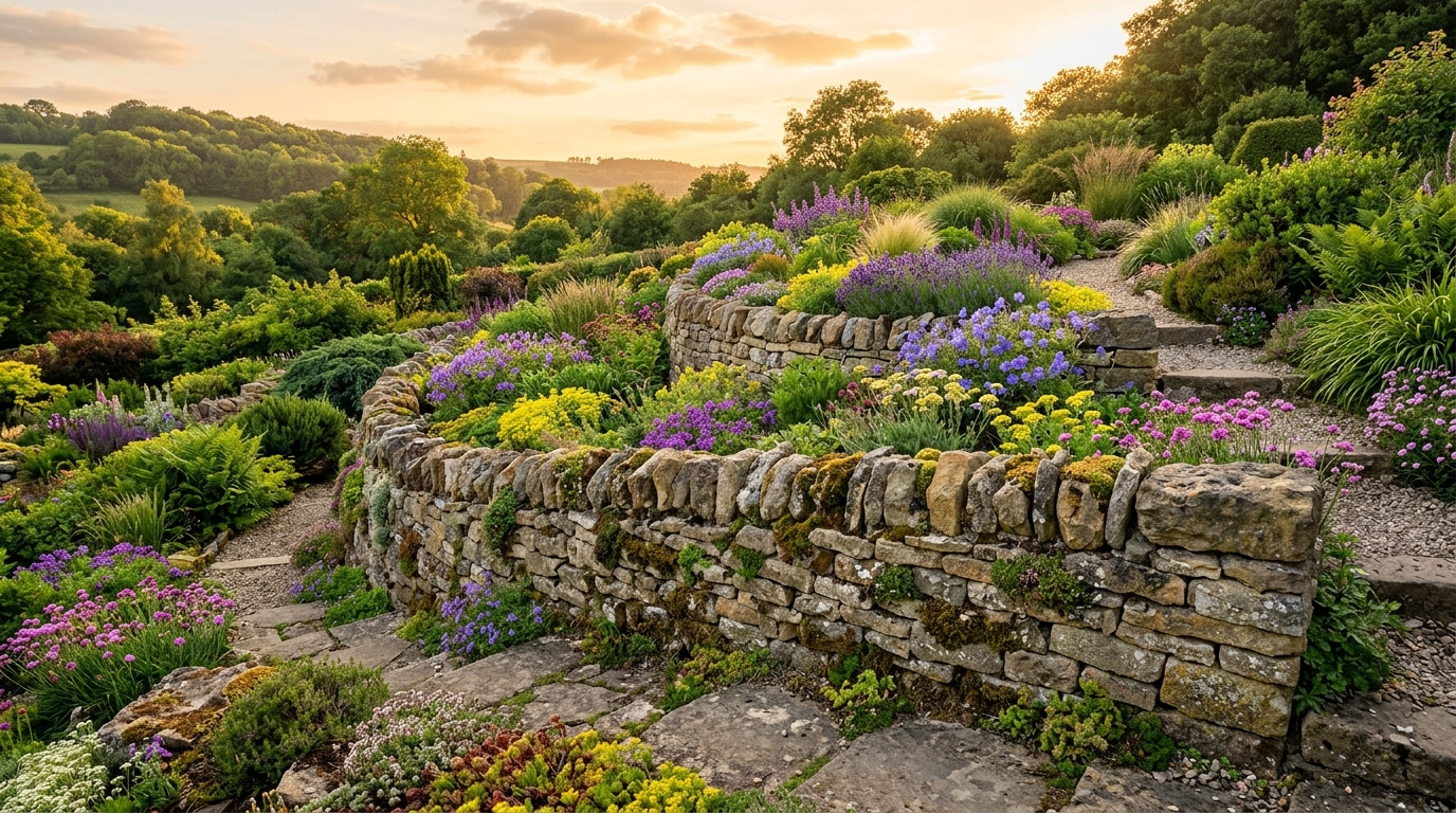 Каменная подпорная стенка сухой кладки с альпийскими растениями