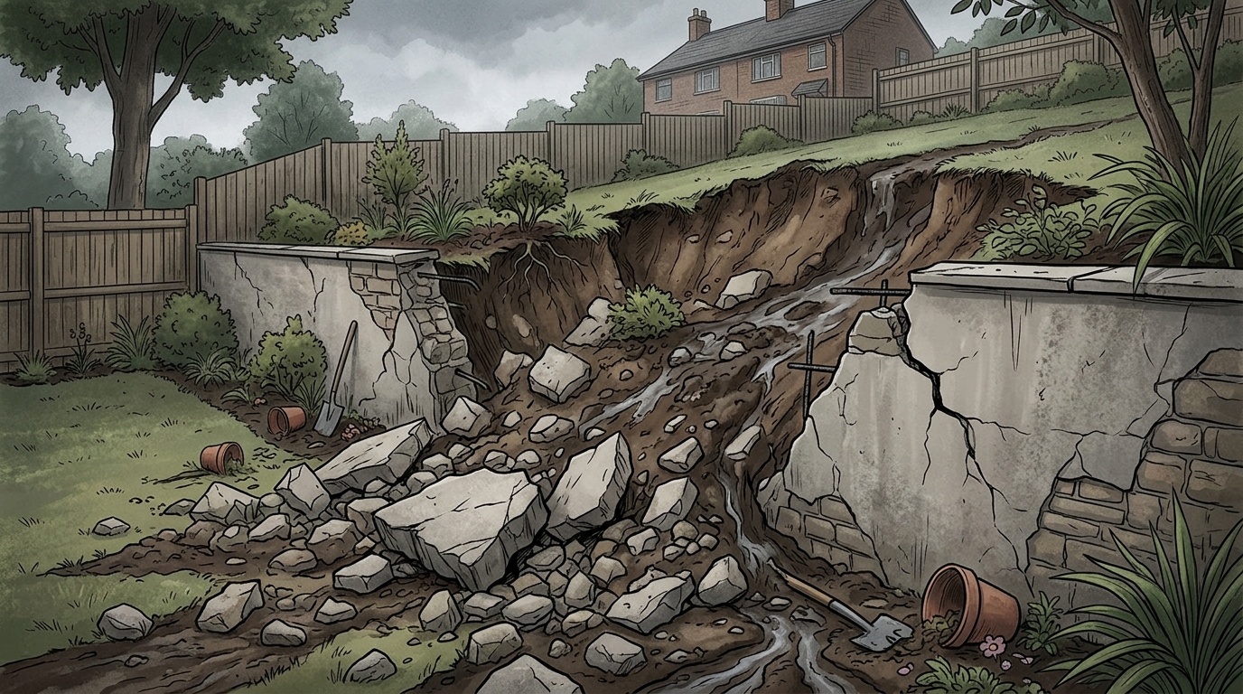 Разрушенная подпорная стенка из-за ошибок в конструкции