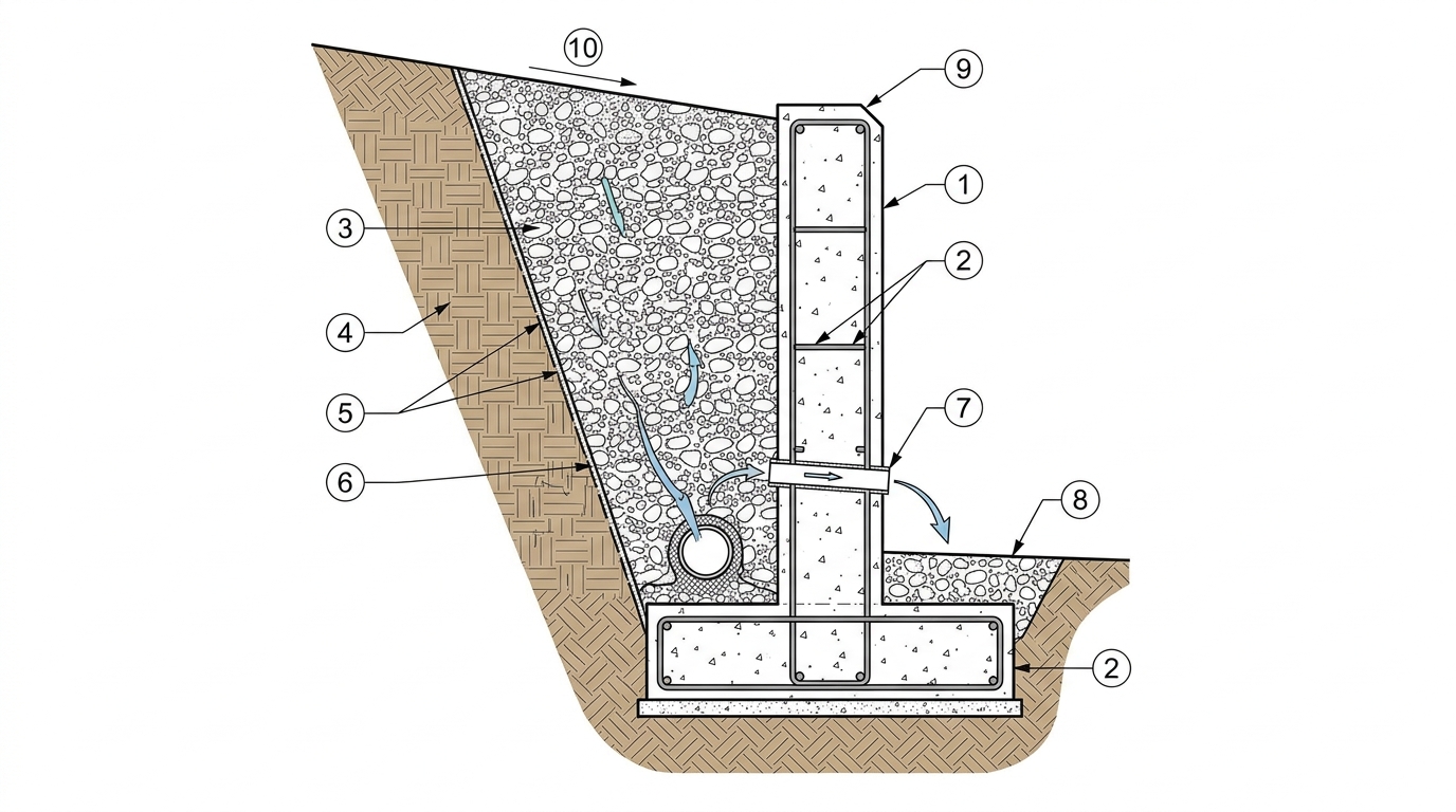 Схема устройства подпорной стенки в разрезе с элементами конструкции