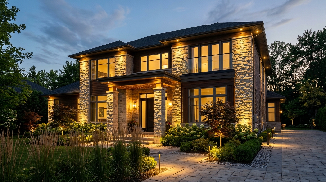 Двухэтажный дом с многоуровневой архитектурной подсветкой