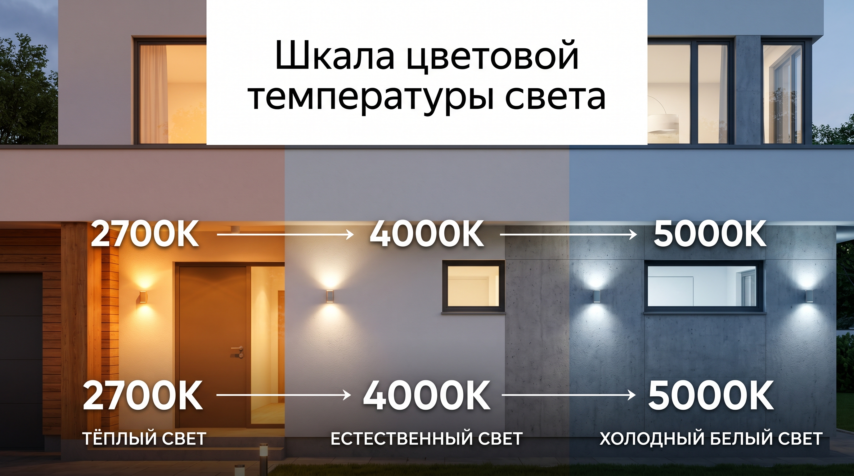 Шкала цветовой температуры света от тёплого 2700K до холодного 5000K на фасаде дома