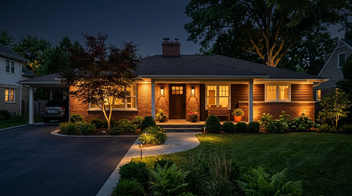 Одноэтажный дом с грамотной акцентной подсветкой фасада