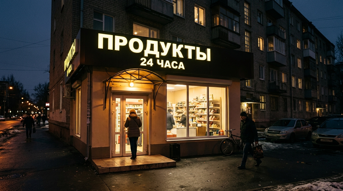 Подсветка вывески и витрины магазина вечером