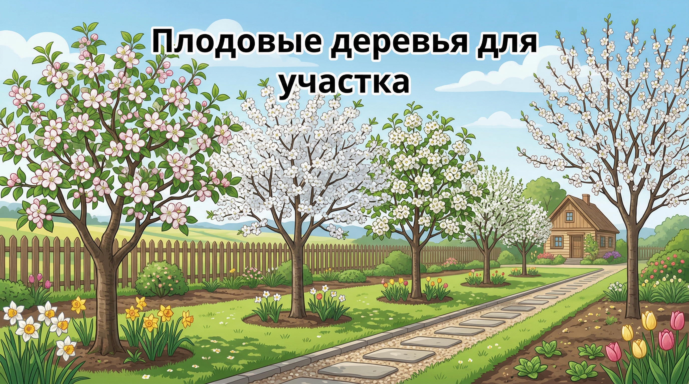 Плодовые деревья на дачном участке: яблони, вишни, груши в цвету