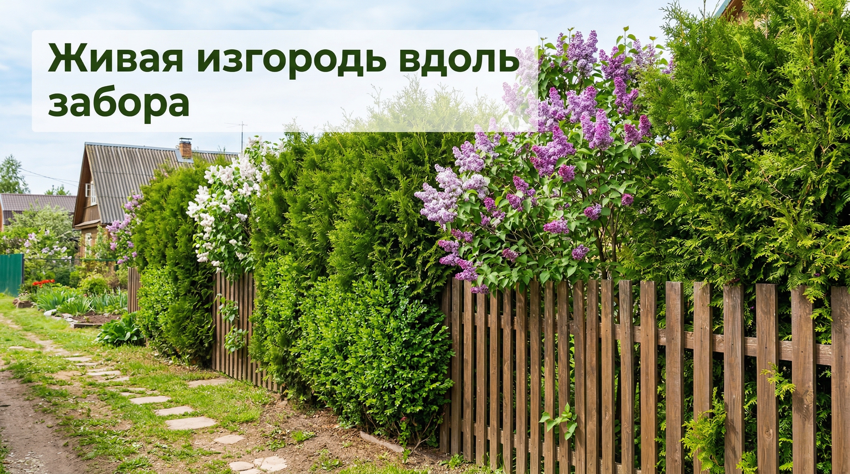 Живая изгородь вдоль деревянного забора: туи, сирень, декоративные кустарники