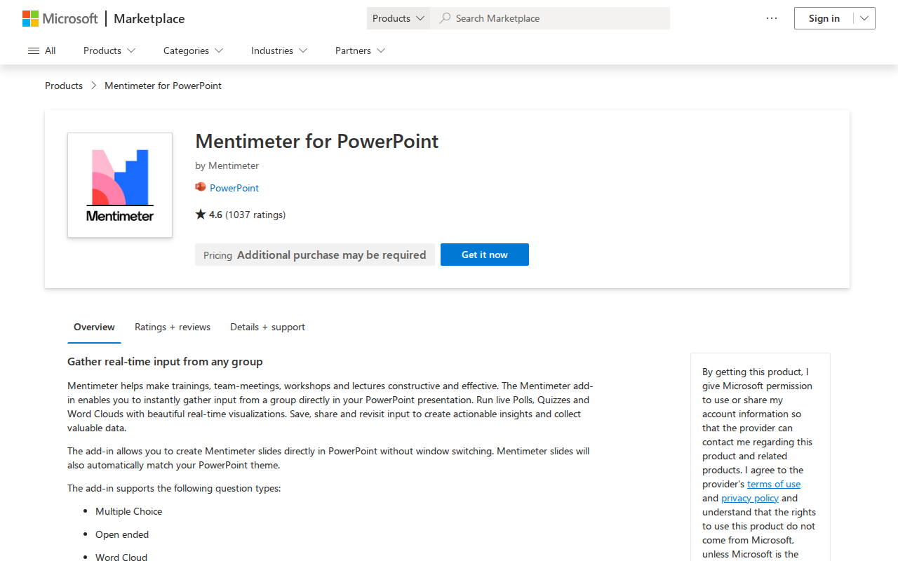 Скриншот надстройки Mentimeter в магазине Microsoft AppSource