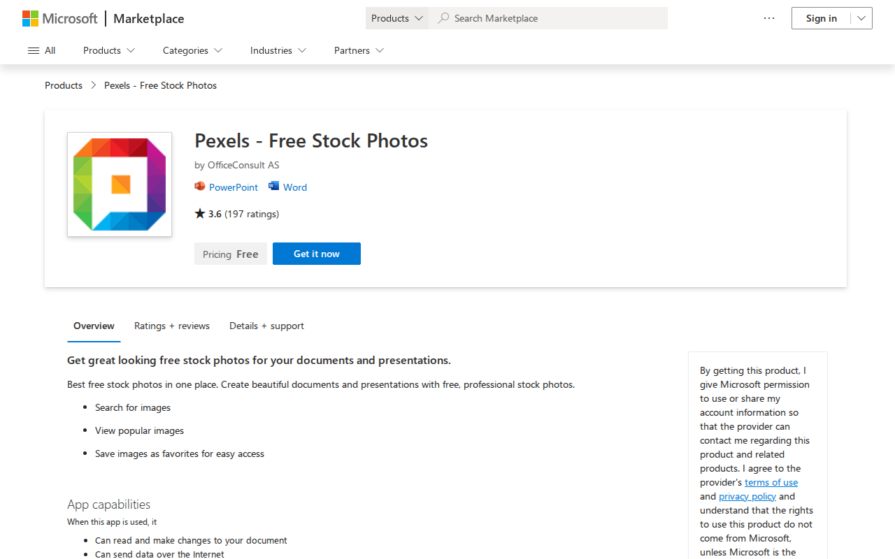 Скриншот надстройки Pexels в Microsoft Marketplace