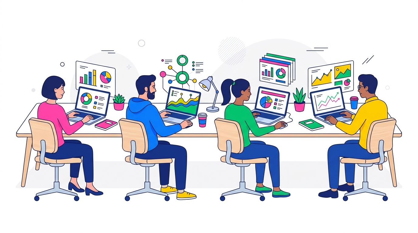 Разные специалисты работают над презентациями в PowerPoint