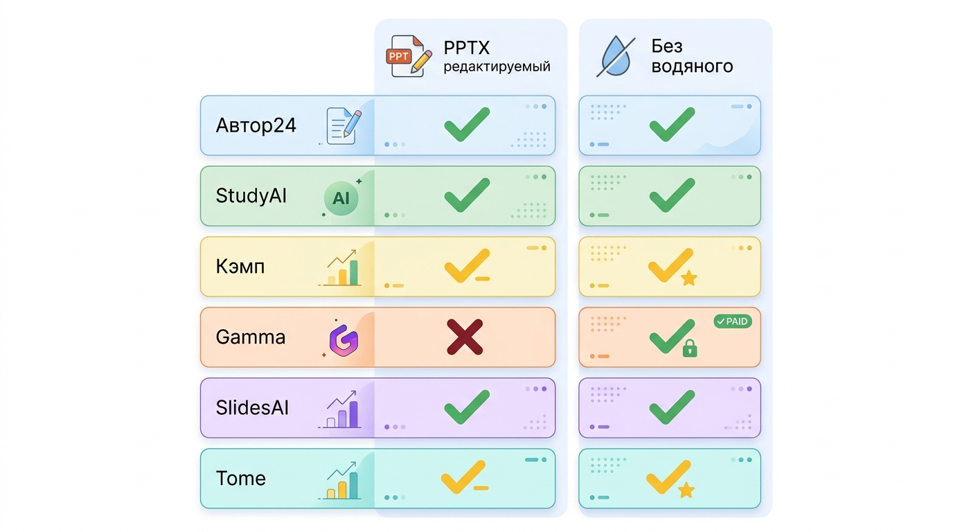 Сравнение шести AI-генераторов презентаций по критериям редактируемого PPTX и водяного знака