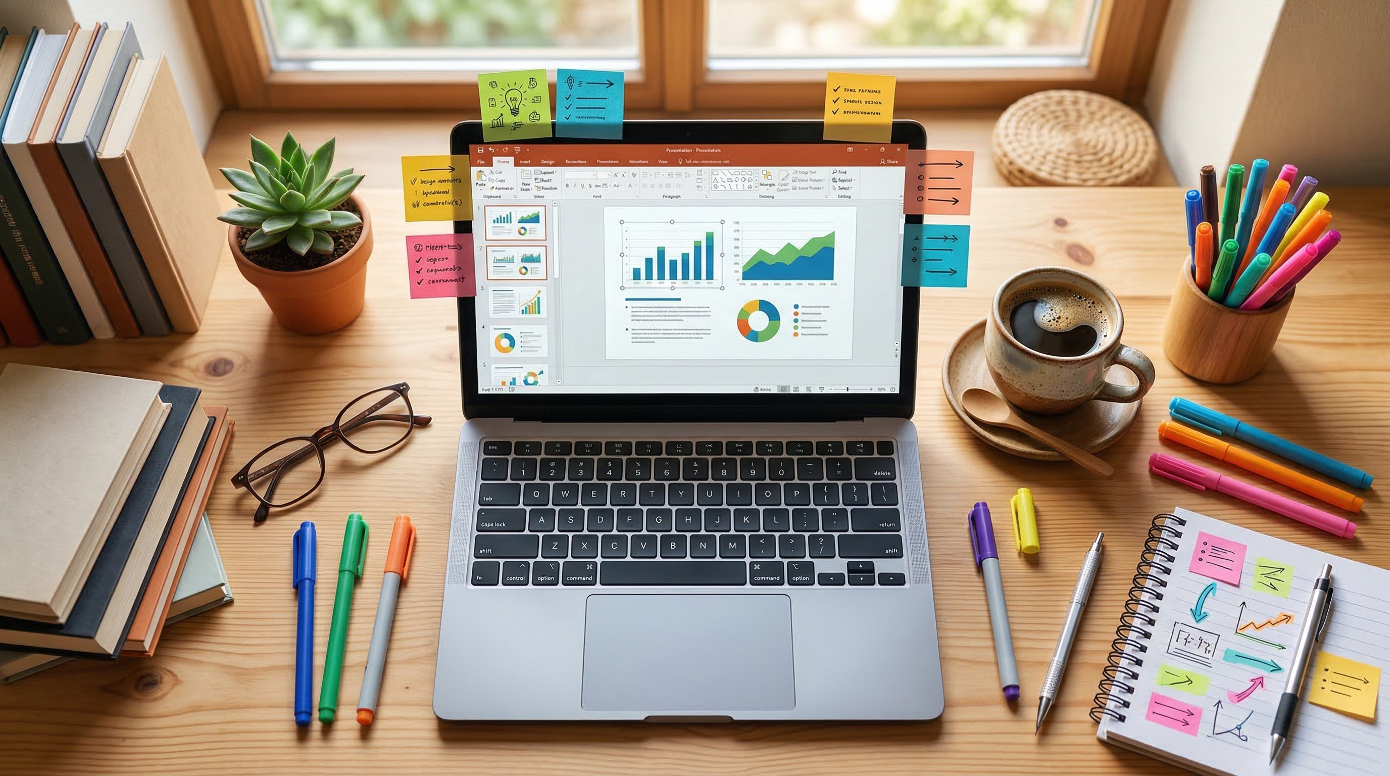 Рабочее пространство с ноутбуком и заметками — доработка презентации после ИИ