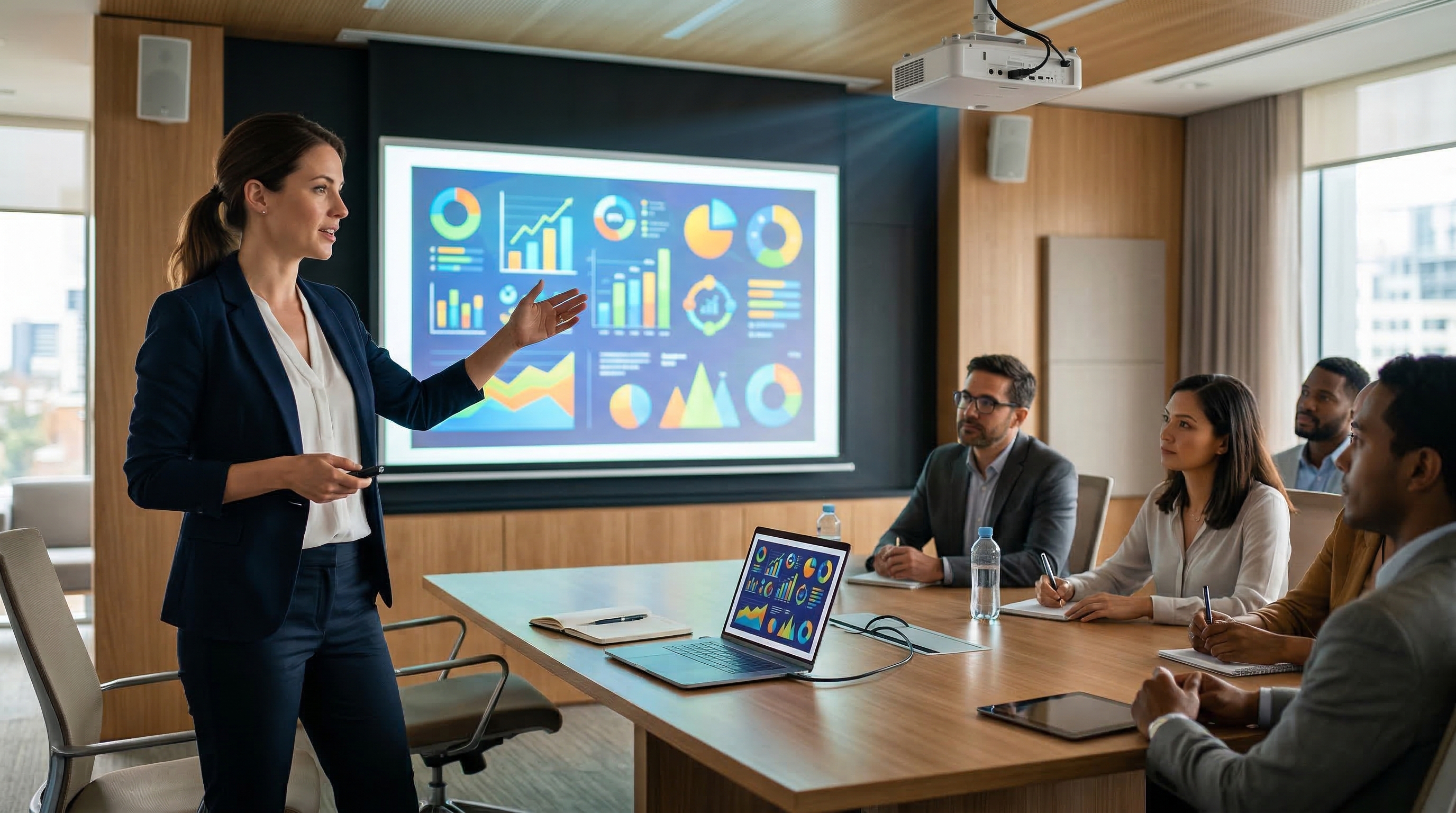 Спикер проводит презентацию перед аудиторией в конференц-зале