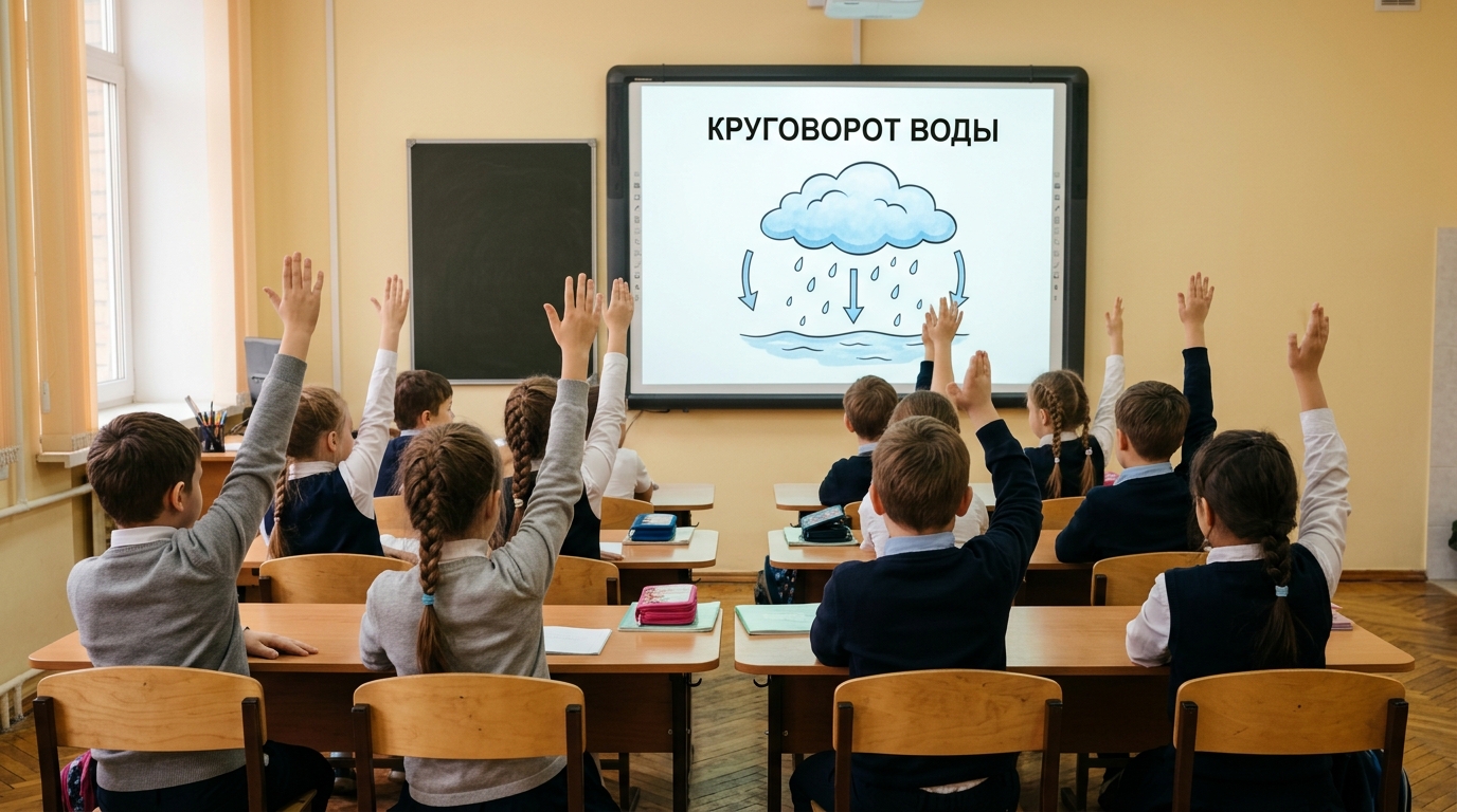 Ученики начальной школы тянут руки к доске со слайдом о круговороте воды