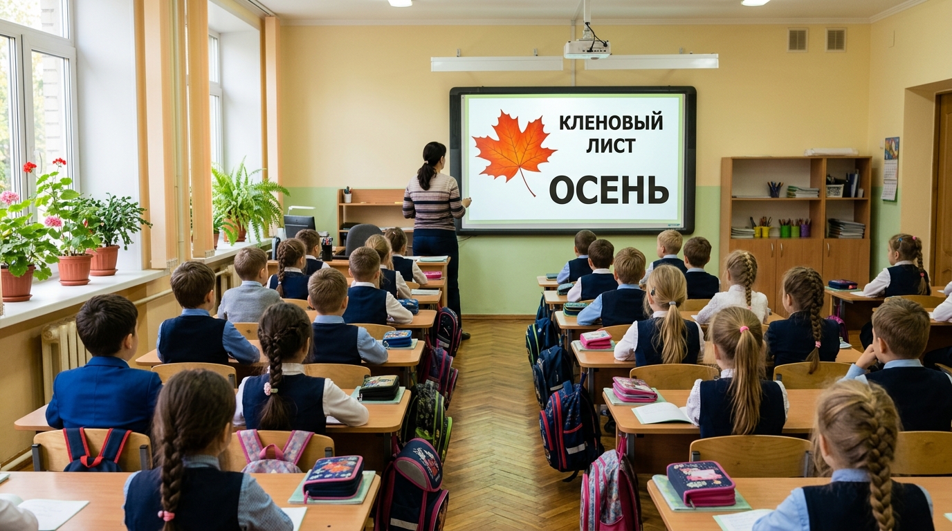 Урок в 1 классе: ученики смотрят на интерактивную доску с простым слайдом