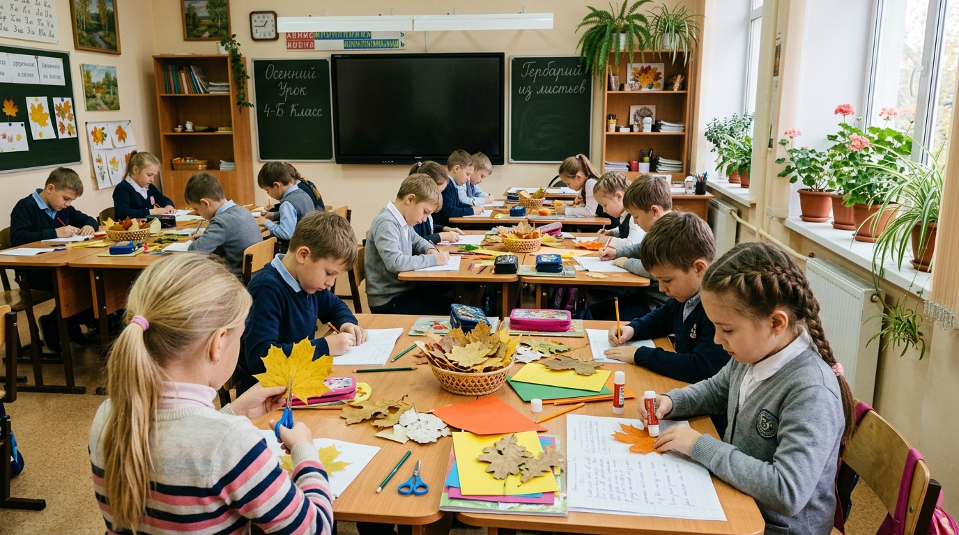 Ученики начальной школы работают с гербарием после показа презентации
