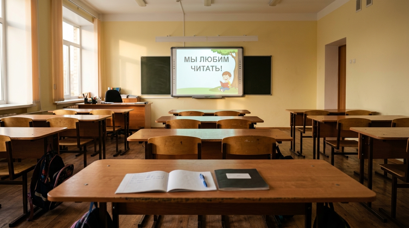 Вид с последней парты на интерактивную доску со слайдом крупным шрифтом