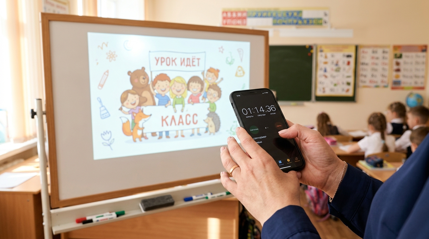 Учитель засекает время показа презентации в классе начальной школы