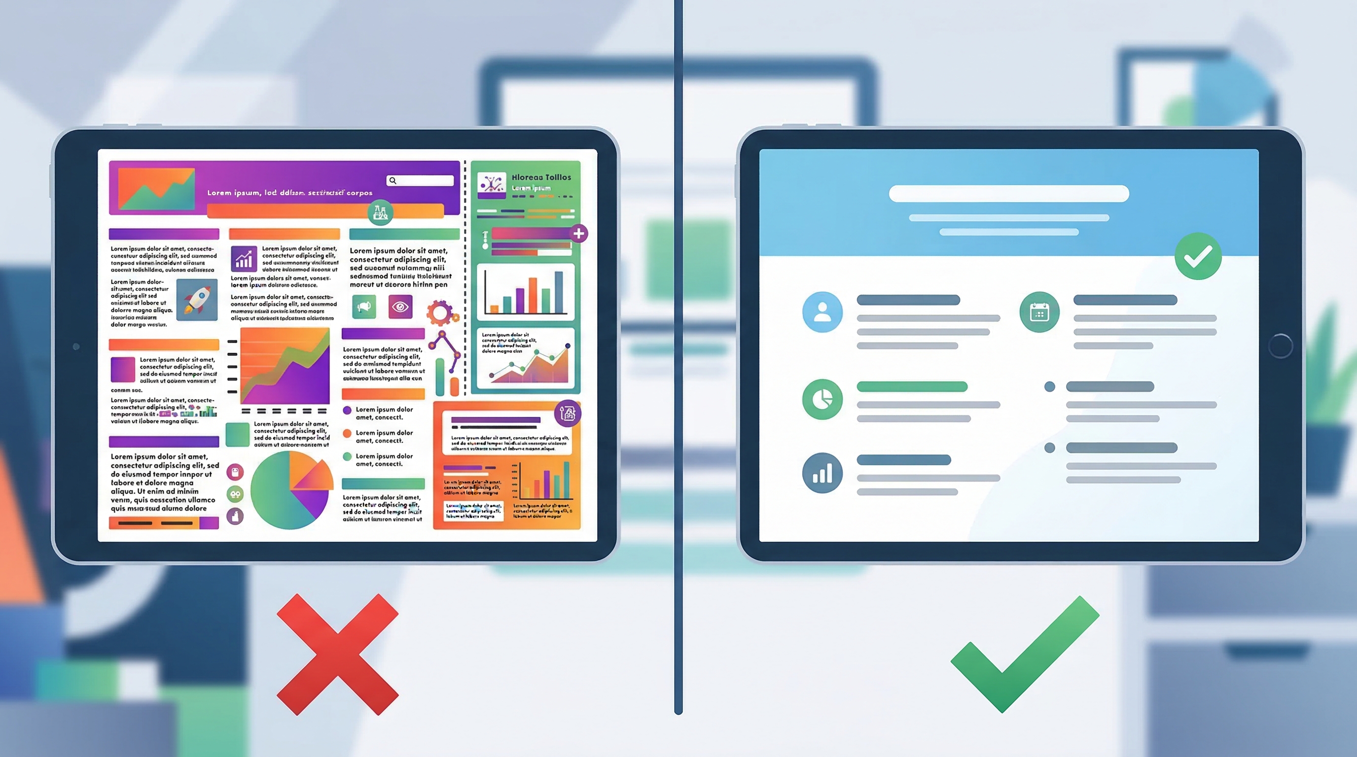 Сравнение плохого и хорошего слайда — перегруженный текстом vs чистый и структурированный