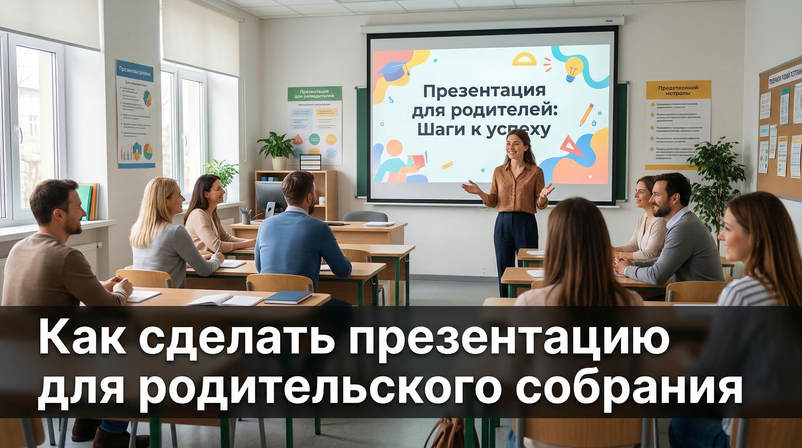 Как сделать презентацию для родительского собрания — учитель показывает слайды родителям в классе
