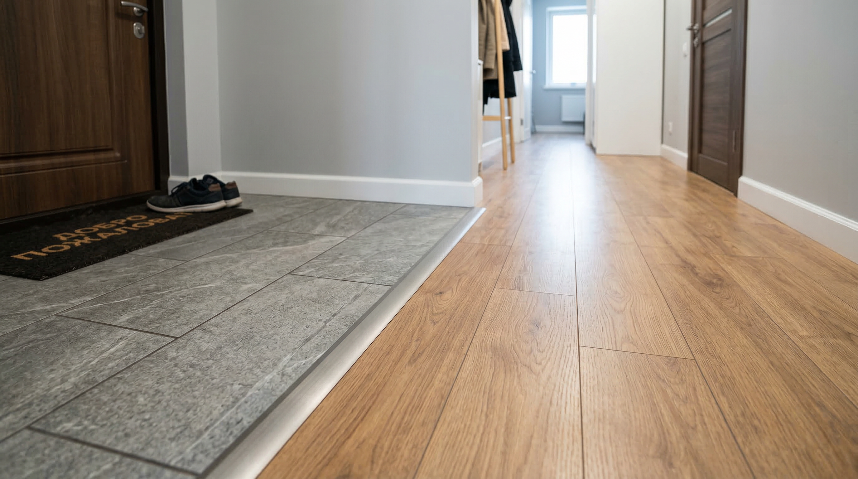 Комбинированный пол в прихожей — керамогранит у входа переходит в ламинат