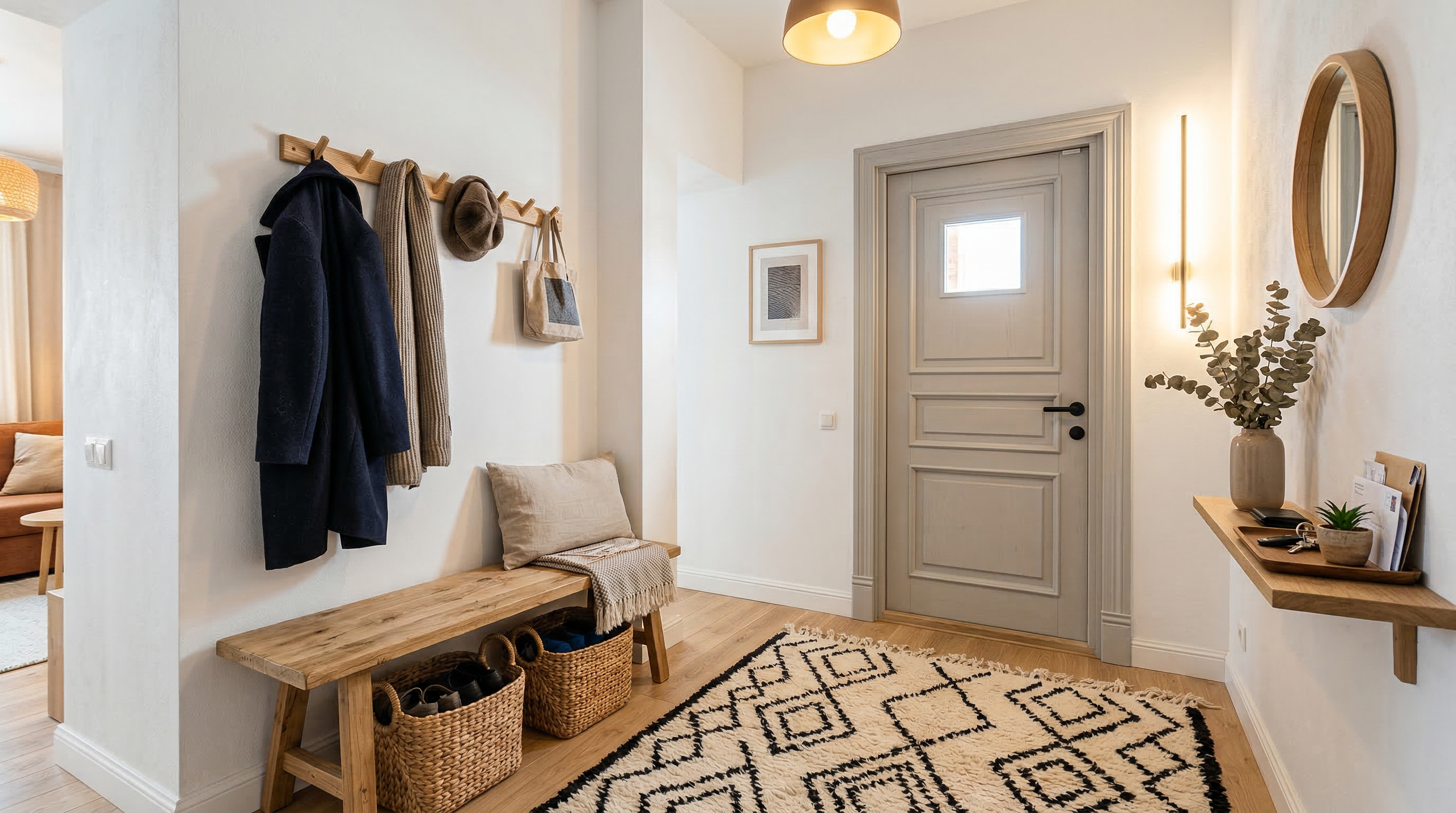 Прихожая в скандинавском стиле — белые стены, деревянная скамья и плетёные корзины