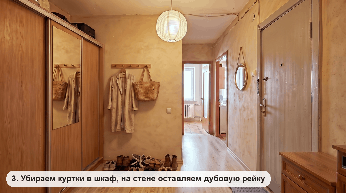 Дубовая рейка с колышками, на ней льняное пальто и соломенная сумка