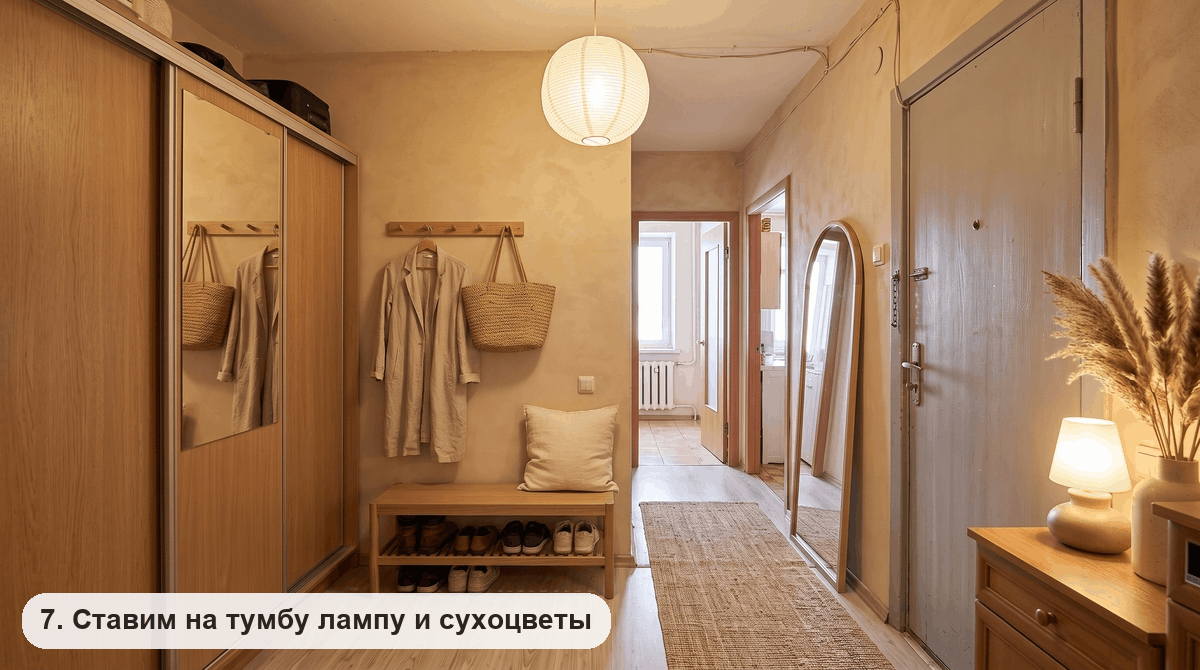 Керамическая настольная лампа и ваза с пампасной травой на тумбе у двери