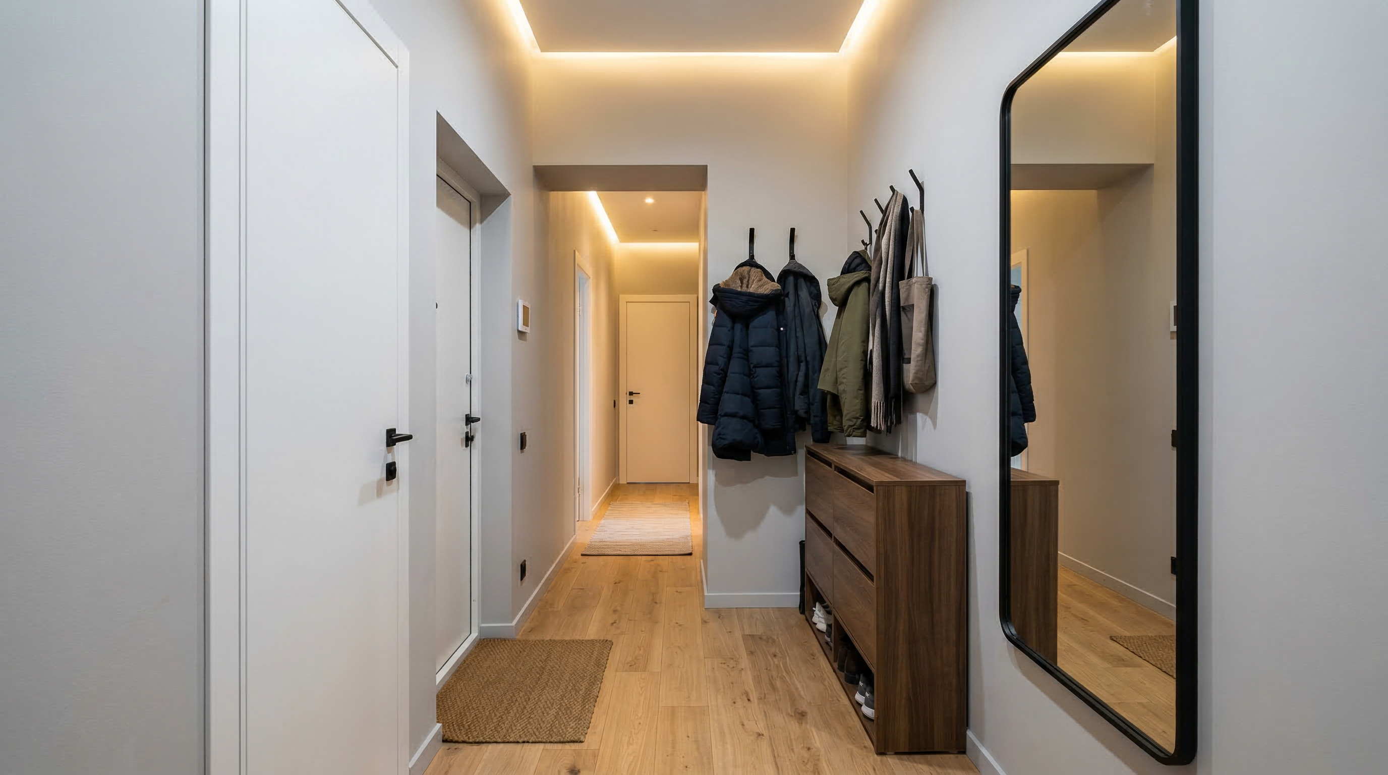 Узкий коридор в типовой квартире — зеркало на стене, крючки для одежды и LED-подсветка