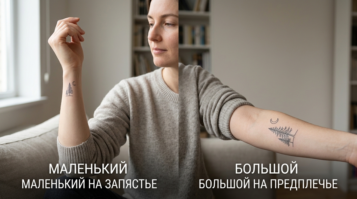 Один и тот же эскиз на запястье и на предплечье — разный масштаб