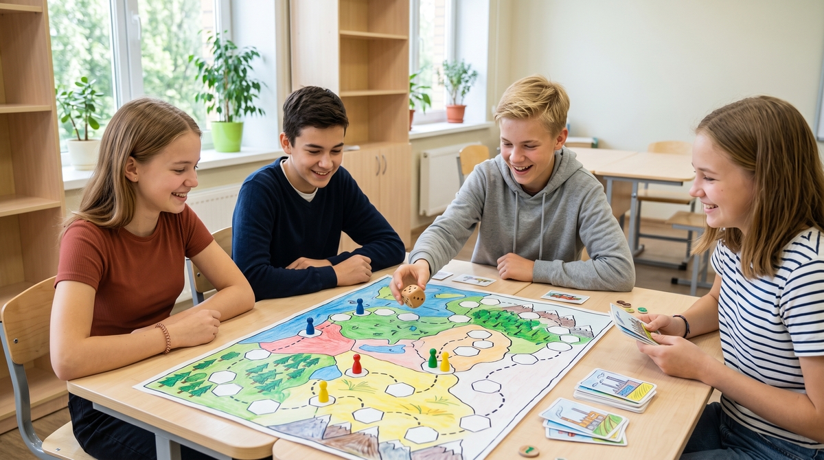 Подростки играют в самодельную настольную игру с картой регионов