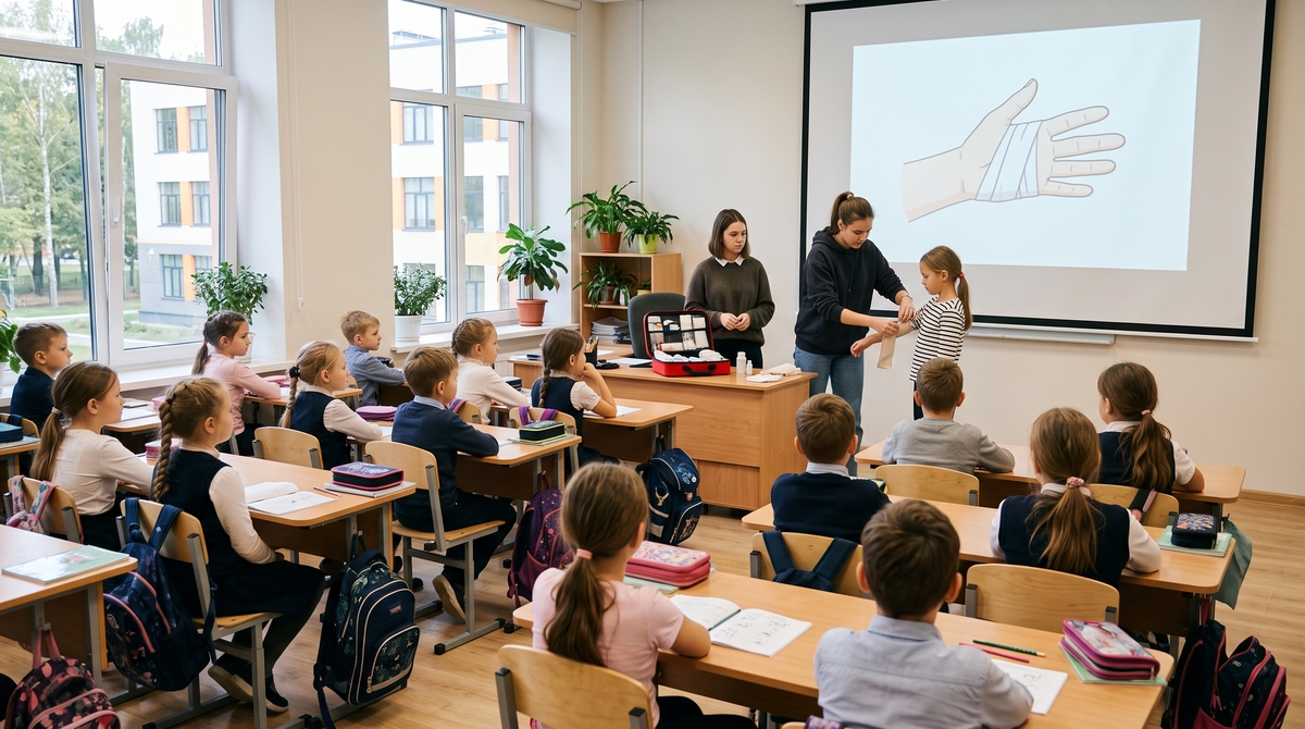 Старшеклассники проводят урок первой помощи для пятиклассников