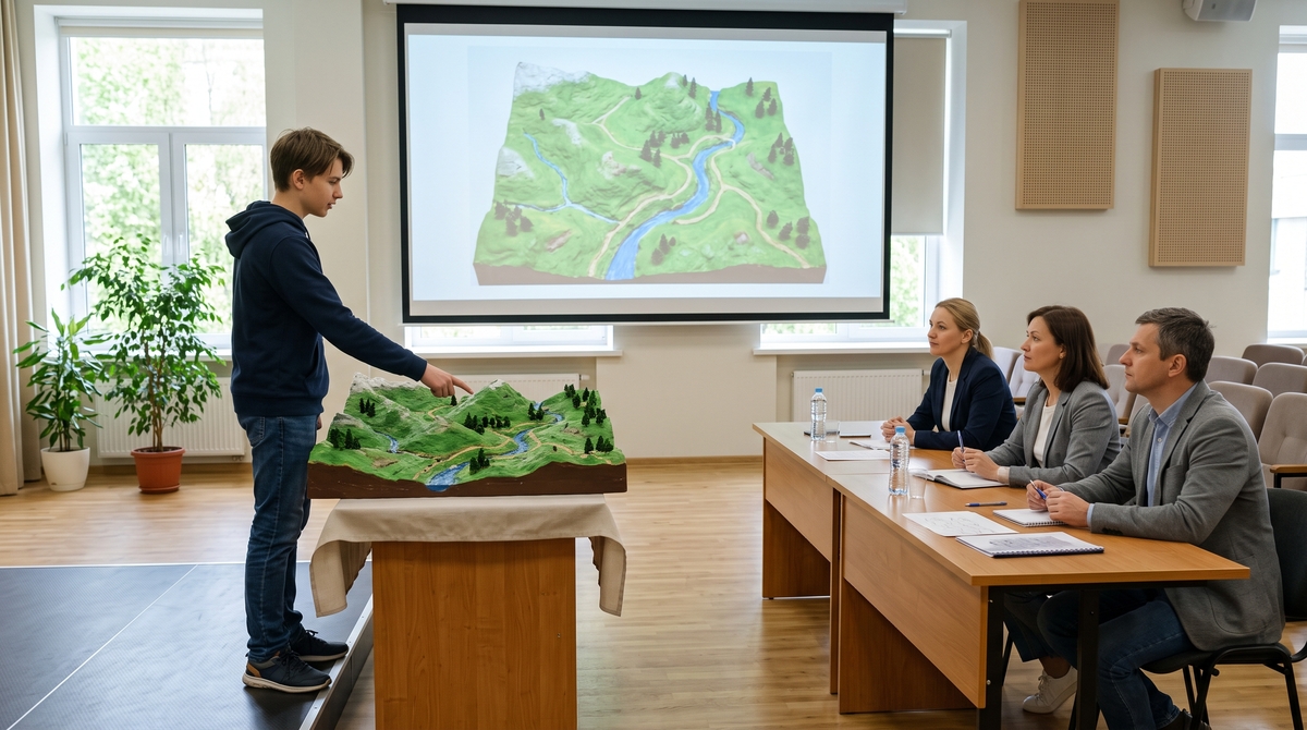 Ученик показывает комиссии свой макет на защите проекта
