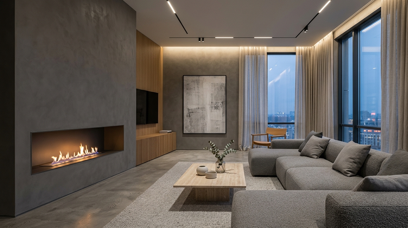 Минималистичная гостиная 50 м² с длинным биокамином, встроенным в стену из микроцемента