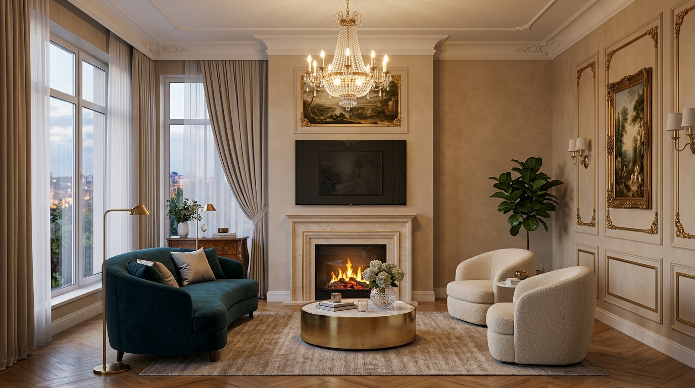 Гостиная 50 м² в современной классике: электрокамин в мраморном портале, ТВ над ним, изумрудный диван